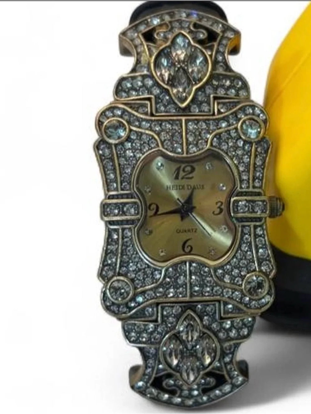 Heidi Daus Art Deco Swarovski Crystal Watch Bronze Tone Black Leather Strap Vtg